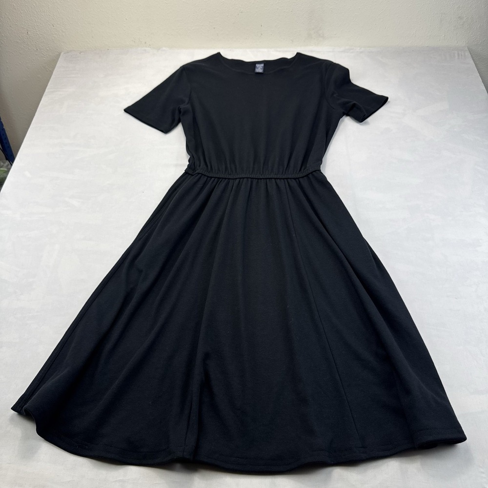 Lands End M 10-12 Black Cotton Short Sleeve Elastic Waist Midi Dress